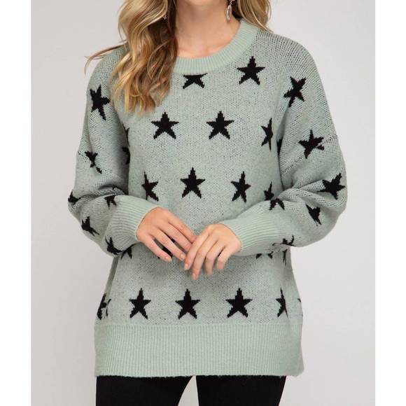 NEW SHE + SKY star print slate tunic sweater in green - Picture 1 of 2